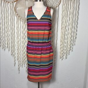 KAVU Ensenada Sleeveless V-Neck Dress Multi Stripe Colored Pattern Pockets Large